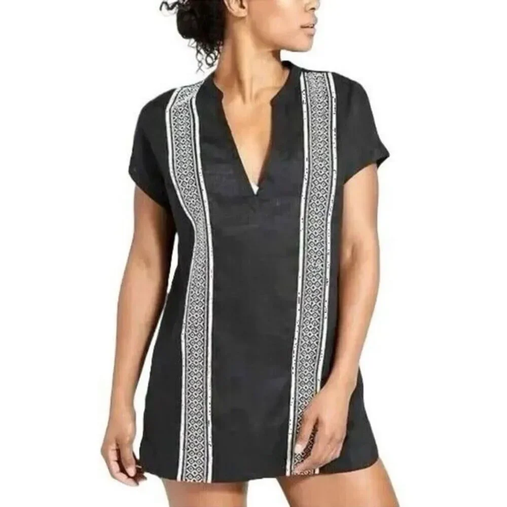 Athleta Women's Column Embroidery Luxe Kaftan Linen Swim Cover Up Black Medium